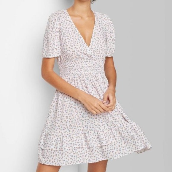 wild fable Dresses & Skirts - Wild Fable NWT Women's Short Sleeve Plunging Smocked Waist Dress Ivory Floral